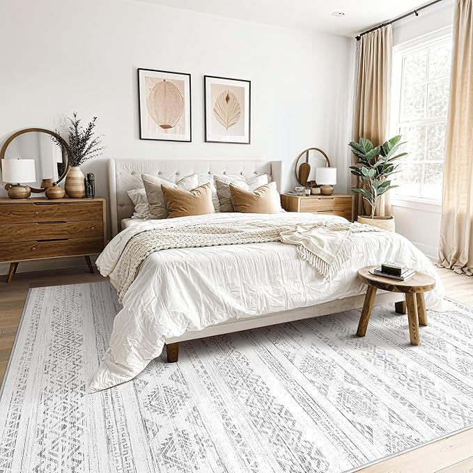 Tortania Area Rug Living Room Rugs - 6x9 Washable Large Soft Neutral Boho Moroccan Bohemian Farmhouse Rug Indoor Floor Carpet for Bedroom Under Dining Table Home Office Decor - Ivory Gray