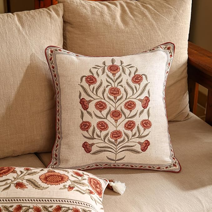 ISAENNE Design Linen Square Vintage Throw Pillow Covers 18"x18" Pack of 2, Brick Red Cushion Covers with Orange Floral Green Leaves Pattern Decoration Pillowcases for Bed,Living Room,Outdoor,Car