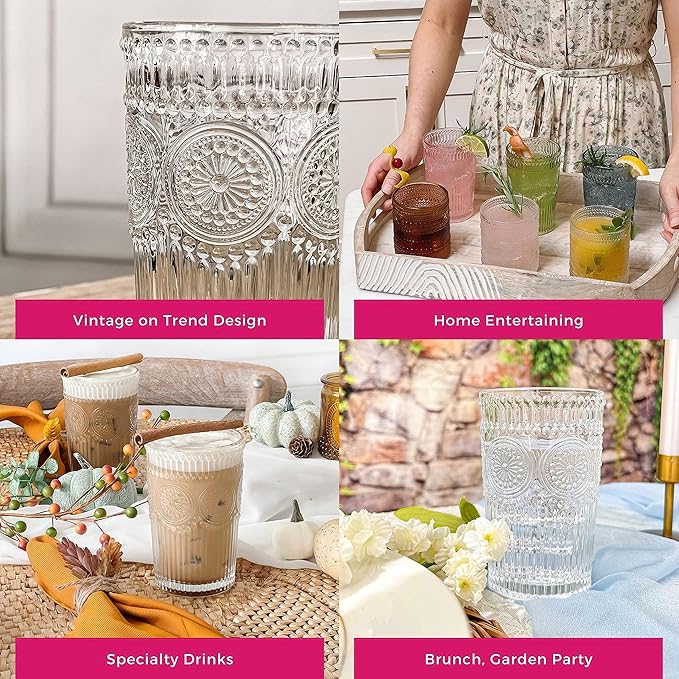Kate Aspen Vintage Textured Clear Striped Drinking Glasses Set of 6, (13 oz) Ribbed Glassware with Flower Design | Cocktail Set, Glass Cups, Iced Coffee Cup (Pack of 4)