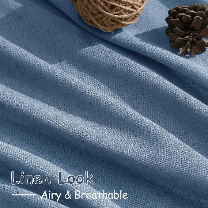 Stone Blue Linen Curtains 90 Inch Length for Bedroom Living Room Back Tab Rod Pocket Light Filtering Semi Sheer Modern Farmhouse Coastal Decor Curtain Cotton Textured Gauze Drapes for Office 52x90