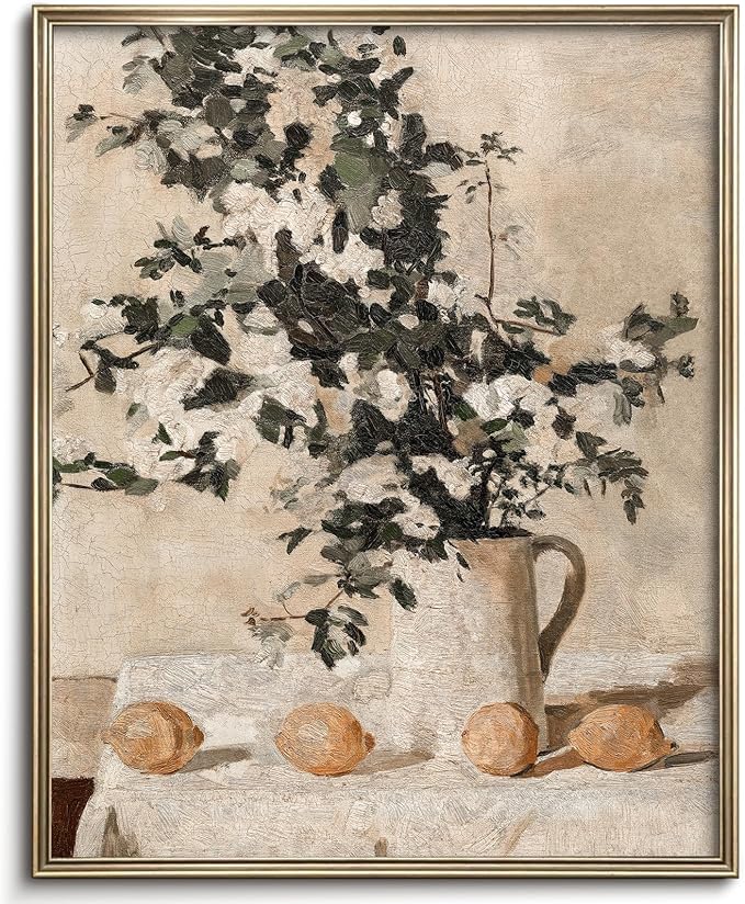 Vintage Flowers and Lemons Wall Art for Home Decor, Farmhouse Flowers and Lemons Wall Decor Canvas Artwork, Antique Muted Neutral Still Life Countryside Print Oil Painting for Bathroom, Living Room, Desktop Wall Decor - 8x10Inch Unframe