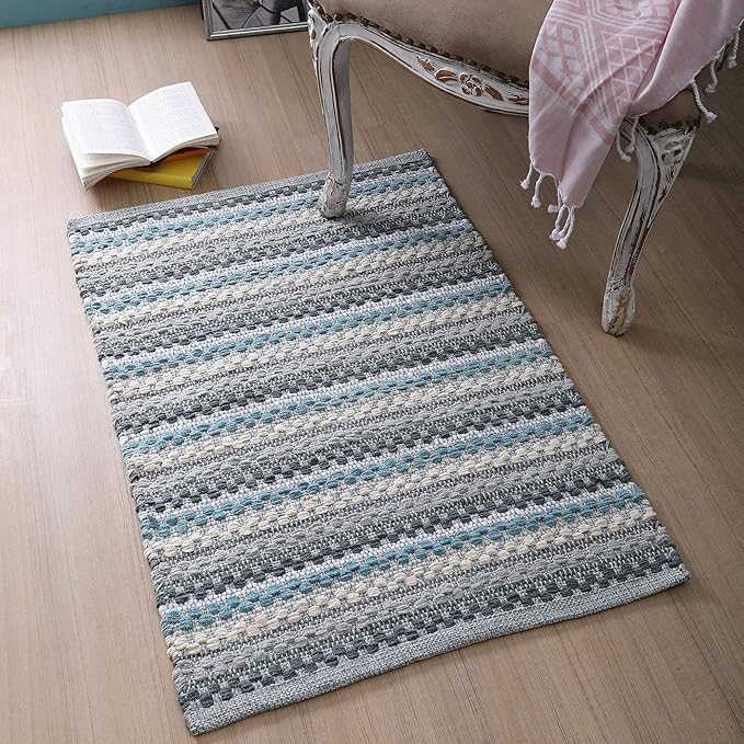 Cotton Chenille Hand Woven Area Rug 2x3 Feet - Aqua Combo, Reversible Quick Water Absorbent Accent Floor Rugs Ideal for Bathroom, Kitchen, Bedroom | Spa Blue Soft Washable Durable Mat for Home Décor