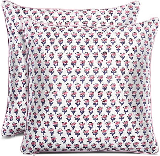 CPC 100% Cotton Throw Pillow Covers 24x24 Inch, Set of 2 Pink Block Print Pattern Couch Pillow, Cute Boho Decorative Pillows for Living Room, Bedroom with Hidden Zipper- Pink Sapphire