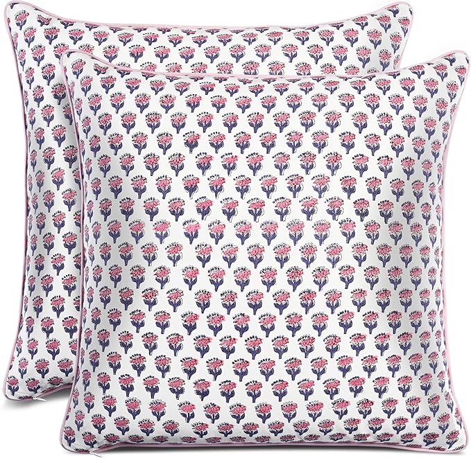 CPC 100% Cotton Throw Pillow Covers 18x18 Inch, Set of 2 Pink Block Print Pattern Couch Pillow, Cute Boho Decorative Pillows for Living Room, Bedroom with Hidden Zipper- Pink Sapphire