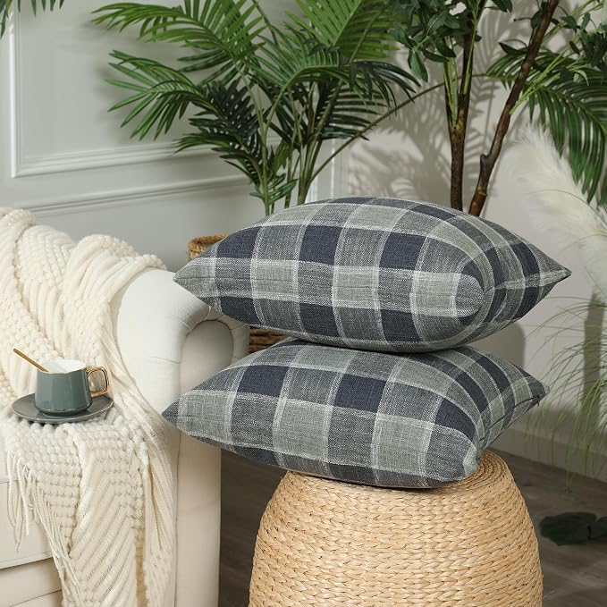 Stellhome Pack of 2 Linen Buffalo Check Throw Pillow Covers, Farmhouse Plaid Decorative Cushion Covers for Couch Sofa Living Room, 22x22 Inch, Dark Grey