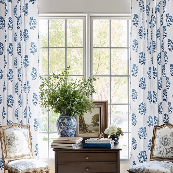 NICETOWN Blue Floral Linen Curtains 84 inches Long Pattern Printed for Girls Bedroom Nursery, Boho Farmhouse Window Sheer Curtain Drapes Aesthetic Light Filtering Privacy 2 Panel Sets, 55" W