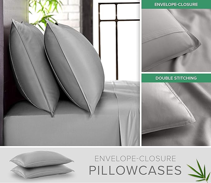Queen Pillowcases by Pure Bamboo, Genuine 100% Organic Viscose Derived from Bamboo, Luxuriously Soft & Cooling, Double Stitching, Envelope Closure (2 Queen Pillowcases, Stone Grey)