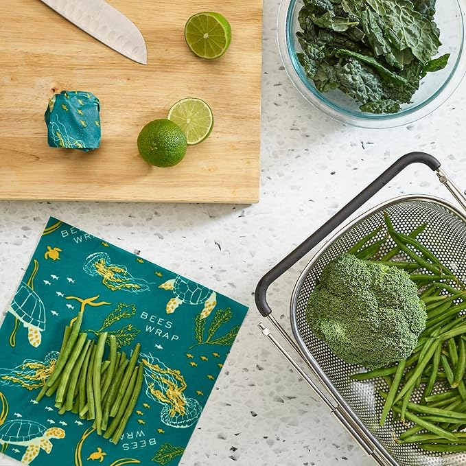 Bee's Wrap Beeswax Wraps for Food - 3 Pack of Assorted Beeswax Wraps - 2 Medium & Sandwich Wrap - Plastic Free Made in USA Reusable Natural Food Wrap - Ocean