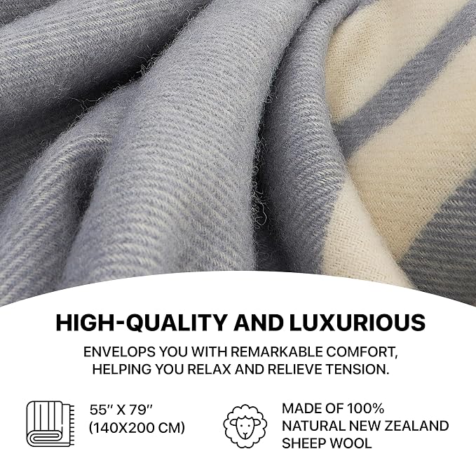 | Wool Blanket/Throw | 100% New Zealand Wool | Perfect for Home and Outdoors | Virgin Wool Blanket with Fringes 55"x79" (140 x 200 cm)