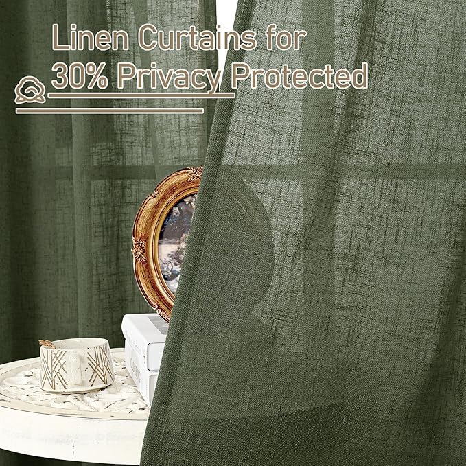 LAMIT Linen Semi Sheer Curtains 96 inches Long 2 Panels Set, Light Filtering Panels Back Tab and Rod Pocket Floor to Ceiling Curtains for Bedroom/Living Room, Olive Green, 52 x 96 Inch