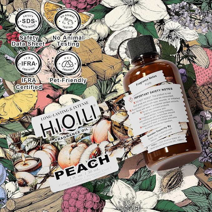 HIQILI Peach Fragrance Oil for Home Diffuser, Body Spray - 1 Fl Oz | DIY Candle, Linen & Room Freshener Spray Making, Long-Lasting Scent Juicy Fruit Scent, Pet Safe, Graduated Dropper Included