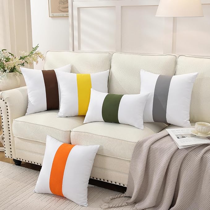 TAOSON Set of 2, 100% Cotton Canvas Patchwork Throw Pillow Covers 18x18 Inch Modern Black Striped Pillow Cushion Covers Farmhouse Decor Pillow Cases for Couch Living Room Bed Sofa Decor