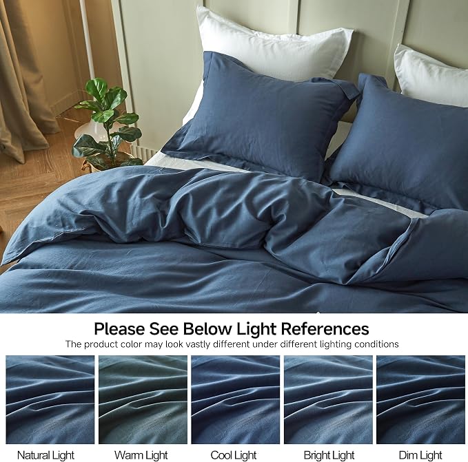 Simple&Opulence French Linen Duvet Cover Set 88" x 92"- 3 Pieces (1 Comforter Cover,2 Pillowcases)- Natural Flax Cotton Blend-Solid Color Breathable Farmhouse Bedding-Navy Blue, Queen