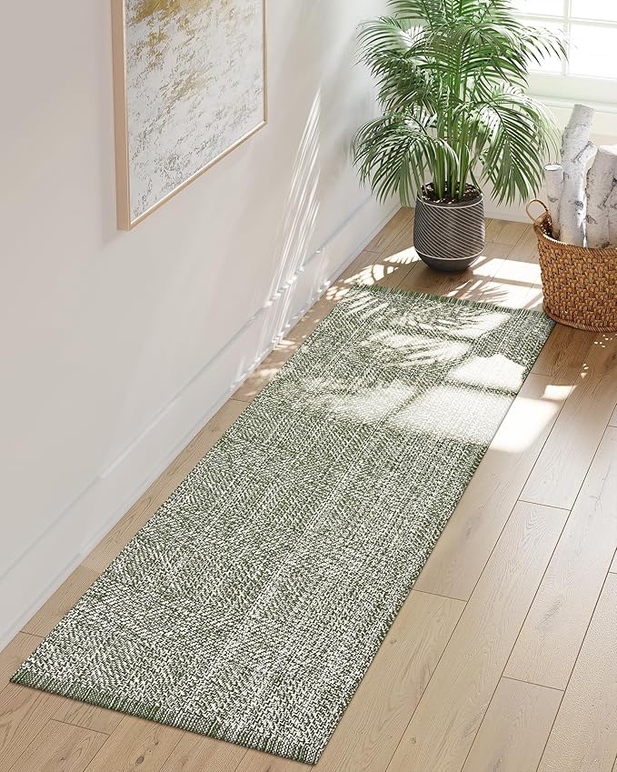 LEEVAN Hallway Runner Rug 2.6' x 8', Green Braided Kitchen Runner Rugs, Washable Woven Reverisible Bathroom Runners, Farmhouse Entryway Rug, Low-Profile Floor Carpet for Doorway/Laundry Room/Bedroom