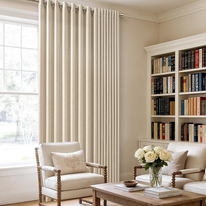 Warm Beige Extra Wide 100 Inch Linen Curtains Room Divider 84 Inch Length 1 Panel Sliding Door Curtains for Living Room Semi Sheer Curtains Grommet Privacy Farmhouse Curtains