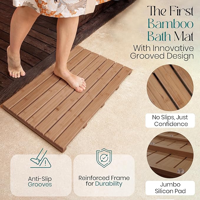 Large Walnut Bamboo Bath Mat – Non-Slip Design Sauna Floor Mat, Secure Grip Pads, Water-Resistant Coating, Durable for Indoor/Outdoor Use, Bamboo Decor