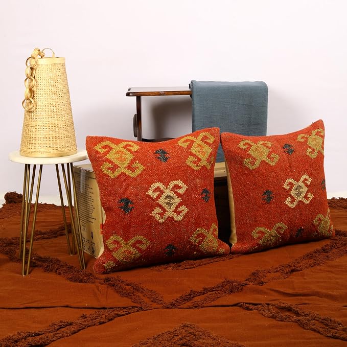 Trade Star 70% Jute 30% Wool Pillow Shams Set of 2 Kilim Cushion Cover Rug Decorative Pillowcase Beautiful Cushion case Handwoven Throw Pillow Covers 18x18 Inches for Home Decor (Kilim 9)