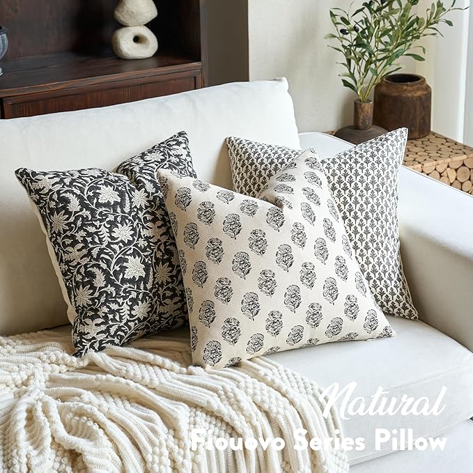 FIOUOVO Floral Vintage Throw Pillow Covers 24x24 Pillow Cover Block Print Decorative Cushion Covers Farmhouse Neutral Accent Home Décor for Sofa Couch Living Room Bedroom, 1PC, Charcoal Black