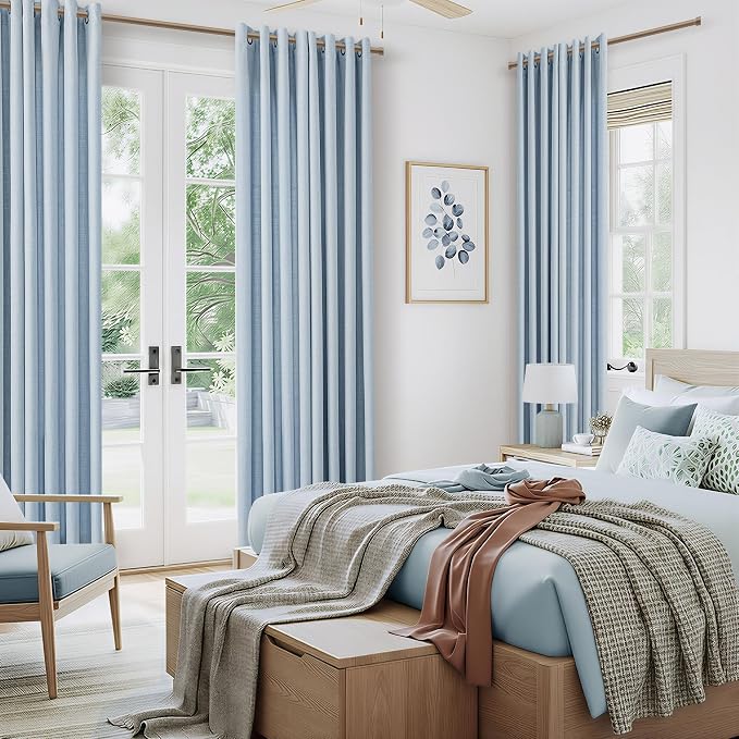 Light Blue Semi Sheer Curtains for Living Room Faux Linen Non-See-Through Privacy Bronze Grommet Modern Coastal Boho Slate Blue Floor to Ceiling 120 Inch Curtains Lager Window Drapes