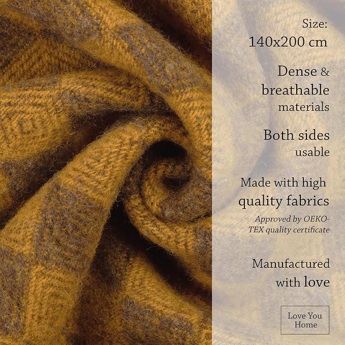 LYHome Wool Blanket 100% - Warm and Cozy Throw for Home Travel Outdoor Camping Picnic & Cold Weather, Decorative Blankets Couch Bed, Warmest Throws (55 x 79 in | Mustard - Brown Scandinavian Rhombus)