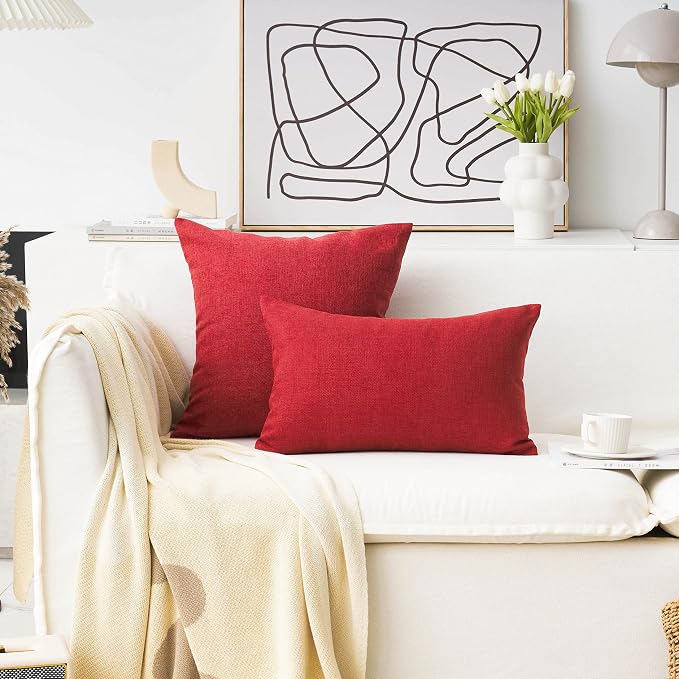 Home Brilliant Red Linen Throw Pillow Covers 18x18 Textured Pillow Covers for Holiday Decorations Couch Sofa Living Room Bedroom, 18 x 18, Pack of 2, Burgundy