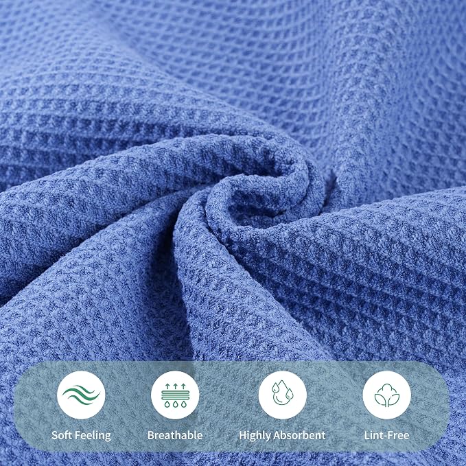 MICROFI Waffle Weave Bath Towel Set, Microfiber, 4 Pieces (Body/Hair/Hand/Face), Quick Dry, Lightweight, Super Absorbent, Lint Free, 380 GSM (Dark Blue)