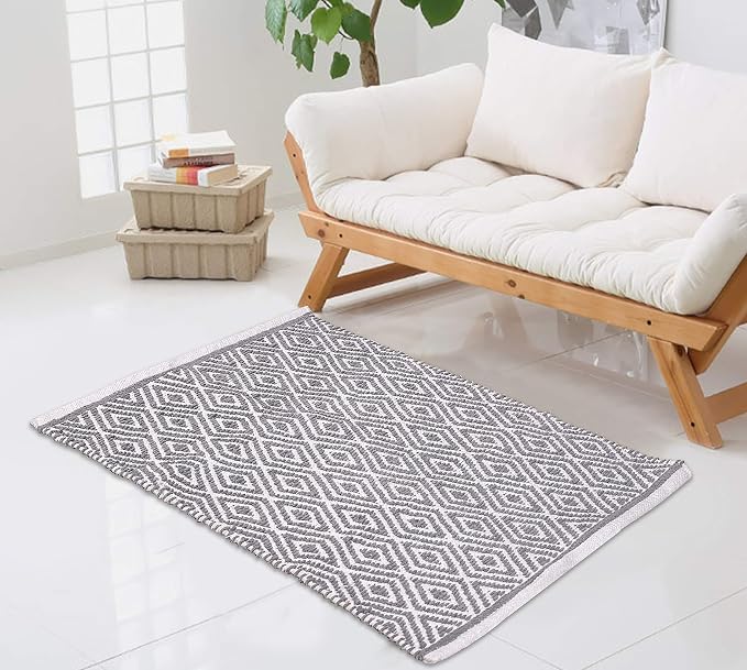 Chenille Cotton Diamond Rug 21x34 Inches - Light Grey, Reversible Small Soft Washable Front Door Mat Ideal for Kitchen, Entryway, Bathroom | Farmhouse Boho Accent Indoor Throw Rugs for Bedroom, Patio