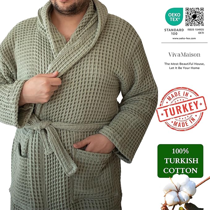 Unisex Hooded Waffle Robe for Women & Men 100% Turkish Cotton | Quick-Dry Bathrobe | Cozy Housecoat for Lounging