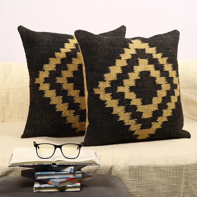 Trade Star Set of 2 Throw Pillow Covers Kilim Cushion Covers Handloomed Rug Decorative Cushion case Handwoven Pillowcase 18x18 Inches Designer Jute Wool Cushion Cover (Kilim 20)