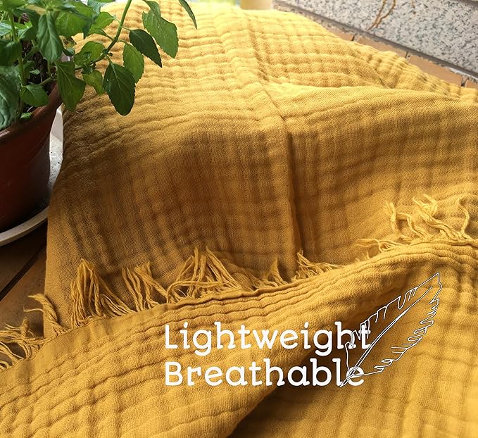 KyraHome 100% Organic Cotton Throw Blanket for Adult, Couch, 60"x80" Plant-Dyed Large Muslin Blankets, Picnic, Pre-Washed Breathable Gauze Summer Throw Blankets, All Season (Mustard Yellow)