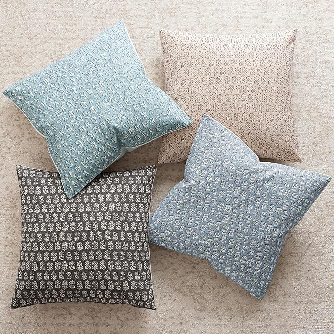 Foindtower Set of 2 Decorative Neutral Floral Print Throw Pillow Covers Vintage Accent Farmhouse Cushion Covers Boho Home Decor for Sofa Chair Couch Bedroom Living Room Outdoor,18×18 Inch,Sky Blue