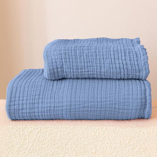 Ultra Soft Muslin Towel Adult Set, 100% Turkish Cotton 4-Layer 2 Pieces Luxury Muslin Hand & Bath Towels Sets for Bathroom (Indigo Blue, 1 Bath & 1 Hand Towel Set)