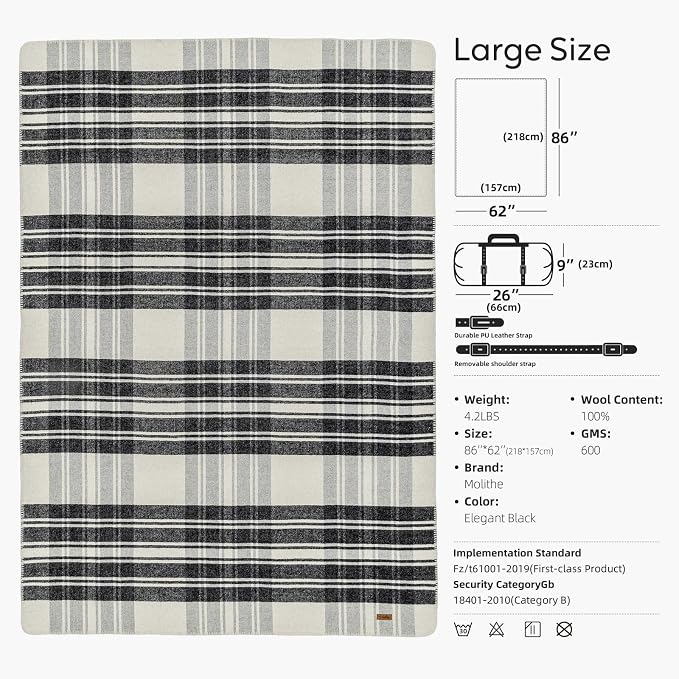 Molithe 100% Wool Blanket, 62" x 86", Warm, Thick, Washable, Military | Great for Camping, Outdoors, Sporting Events, Survival Kits ElegntBlacck
