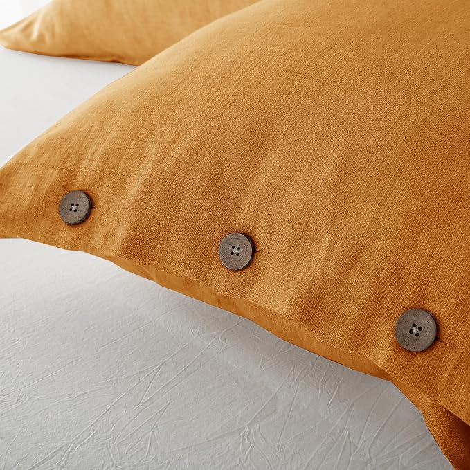 EVERLY 100% Linen Pillowcases Set of 2, French Linen from Normandy, 20X36Inch Standard Size, Natural Color, Coconut Buttons Closure, Flax Pillowshams-Pillowcase-Caramel