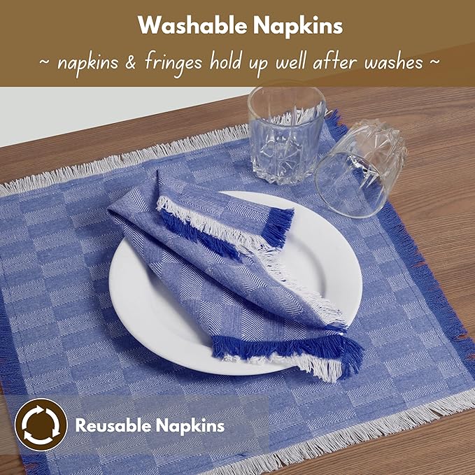 Native Fab Herringbone Cloth Napkins 16x16 inches, 100% Cotton Dinner Napkins with Fringes, Set of 12, Decorative Frayed Edges, Washable Table Linen Napkins, Soft Breathable Absorbent, Ink Blue