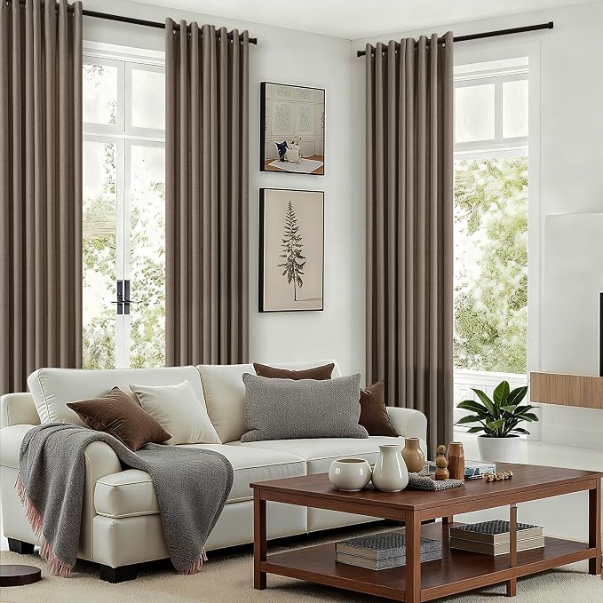 Chocolate Brown Semi Sheer Curtains 2 Panels Set Flax Linen Bronze Grommet Light Filtering Privacy Drapes Rustic Vintage Farmhouse Floor To Ceiling 112 Inch Long Curtains for Living Room 52x112