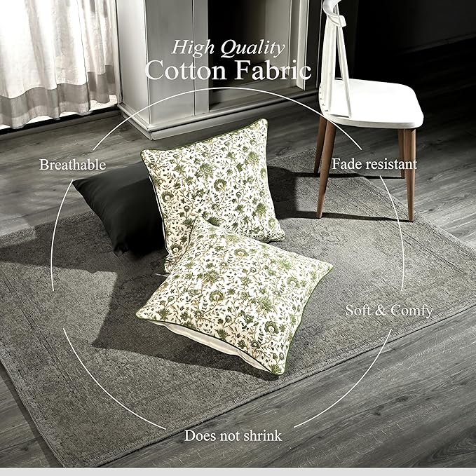 CPC Vintage Garden Green Block Print Throw Cushion Cover 20 x 20 Inch Set 2 - Decorative Boho Floral Pillow Case for Living Room, Bed, Sofa, Couch, Home Decor Gift for Spring, Mother's Day