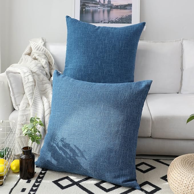 Kevin Textile Decorative Toss Pillow Case Star Striped Linen Cushion Cover for Sofa,Navy Blue,26x26-inch (66x66cm), 2 Packs