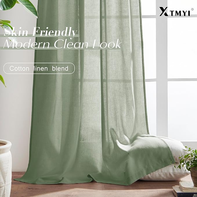 XTMYI Sage Green Country Curtains for Living Room,Sheer Linen Curtains for Bedroom 84 Inches Long,70 Inches Wide