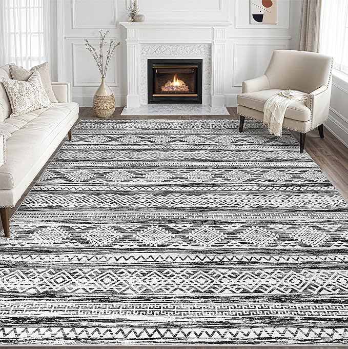 Tortania Area Rug Living Room Rugs - 10x14 Washable Large Soft Neutral Boho Moroccan Bohemian Farmhouse Rug Indoor Floor Carpet for Bedroom Under Dining Table Home Office Decor - Black White