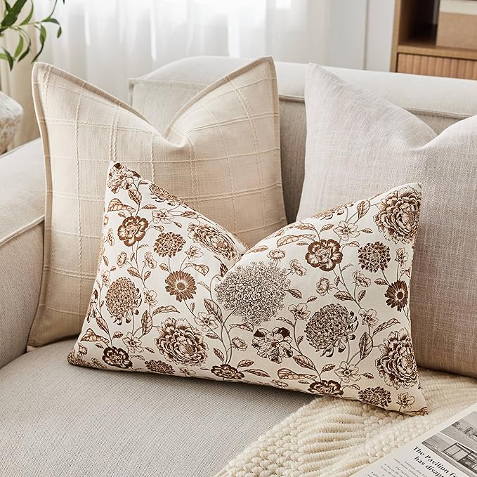 100% Cotton Botanical Lumbar Throw Pillow Covers Set of 2, 12x20 Inch Brown, Farmhouse Double-Sided Floral Print Decorative Cushion Covers Pillow Cases Boho Home Decor