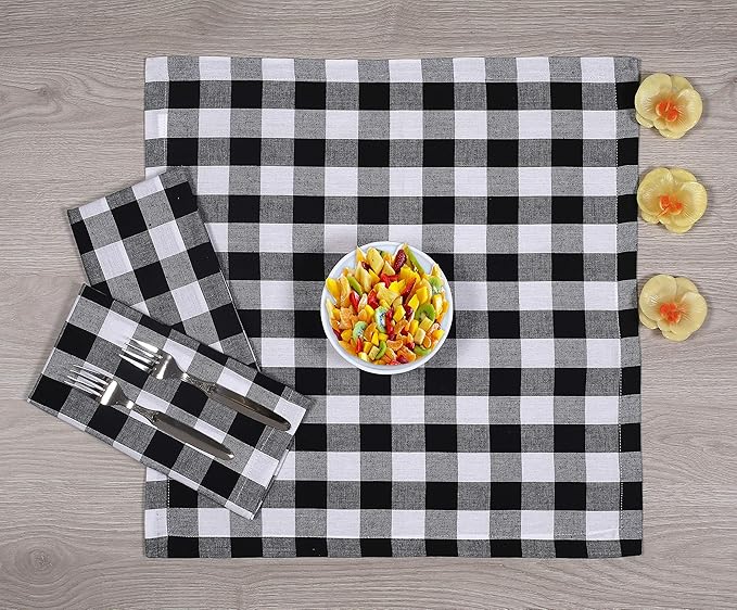 Dinner Napkin Gingham Plaid Check, 100% Cotton, Mitered Corners & Generous Hem, Set of 12, 18x18 inches, Black White Checks