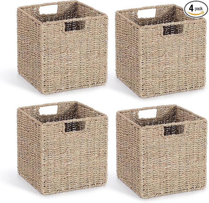 10.5 x 10.5in Seagrass Storage Baskets Set of 4, Cube Foldable Woven Storage Baskets for Shelves, Decorative Seagrass Shelf Basket