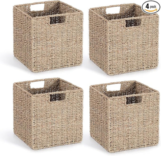 10.5 x 10.5in Seagrass Storage Baskets Set of 4, Cube Foldable Woven Storage Baskets for Shelves, Decorative Seagrass Shelf Basket