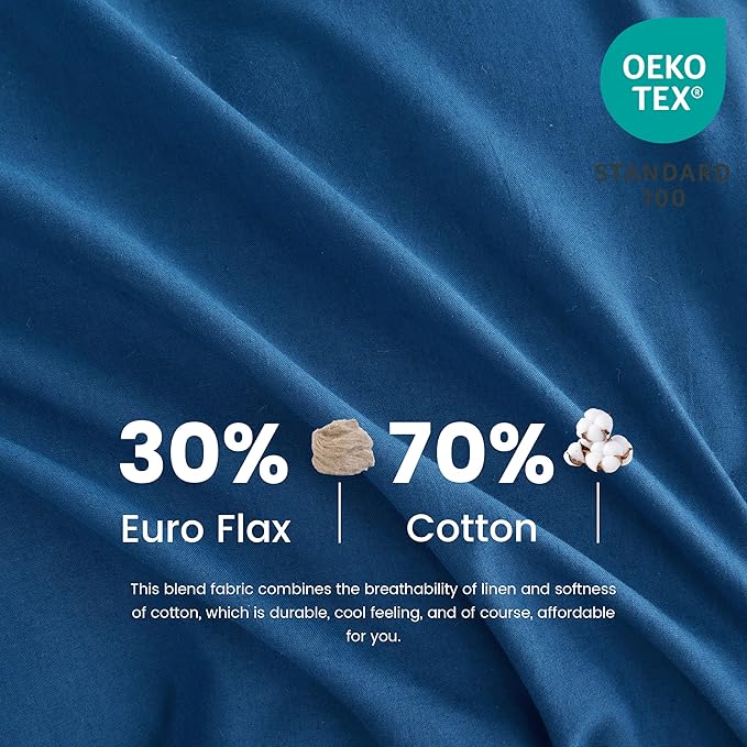 BISELINA French Linen Duvet Cover Set 3pcs with Hidden Zipper Closure Natural Flax Cotton Blend Solid Color Soft Breathable Luxury Farmhouse Bedding - Queen Size, Navy Blue