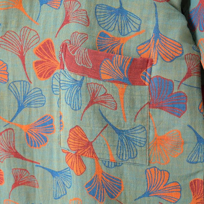 100% Cotton Gauze Ginkgo Leaf Kimono Robe, Long Knit Loose Bathrobe Nightgown Ladies Loungewear Sleepwear for Women