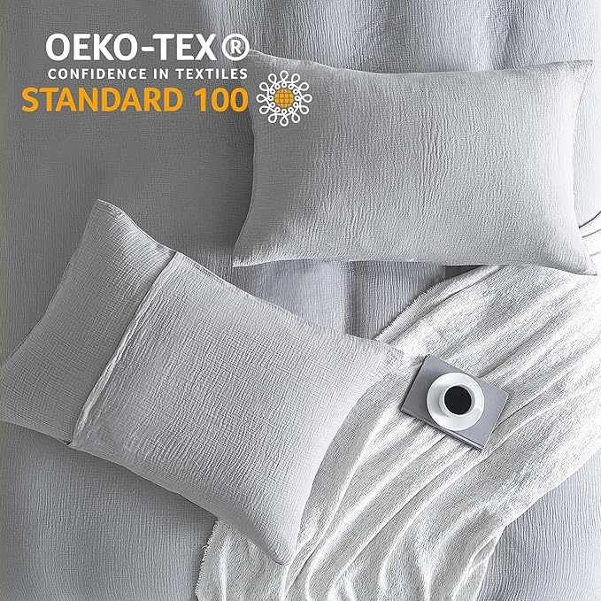 SE SOFTEXLY Muslin Duvet Cover King Size, 100% Washed Cotton Duvet Cover Set, Ultra Soft Comforter Cover Linen Like, 3 Pieces Minimalist Gauze Duvet Cover with 2 Pillowcases, 90"x104", Light Grey
