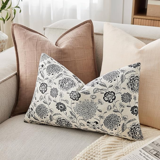 100% Cotton Botanical Lumbar Throw Pillow Covers Set of 2, 12x20 Inch Black, Farmhouse Double-Sided Floral Print Decorative Cushion Covers Pillow Cases Boho Home Decor