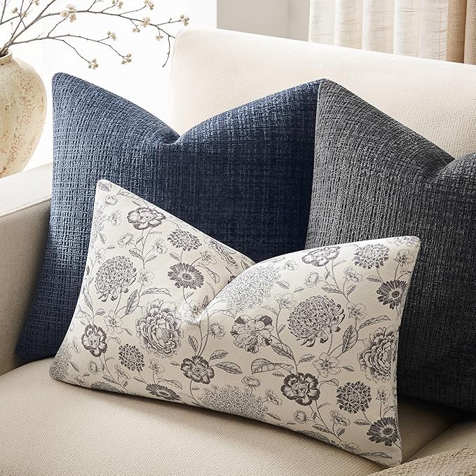 100% Cotton Botanical Throw Pillow Covers Set of 2, 12x20 Inch Grey, Farmhouse Double-Sided Floral Print Decorative Cushion Covers Pillow Cases Boho Home Decor