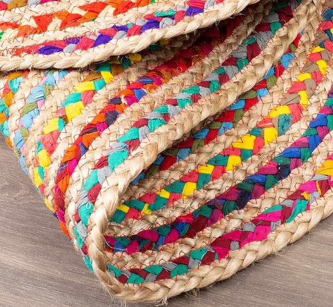 Savi Home Farmhouse Jute Cotton Chindi Rug 4x6 Oval Multicolor, Handwoven Braided Area Rug for Living Room, Kitchen, Entryway & Bathroom